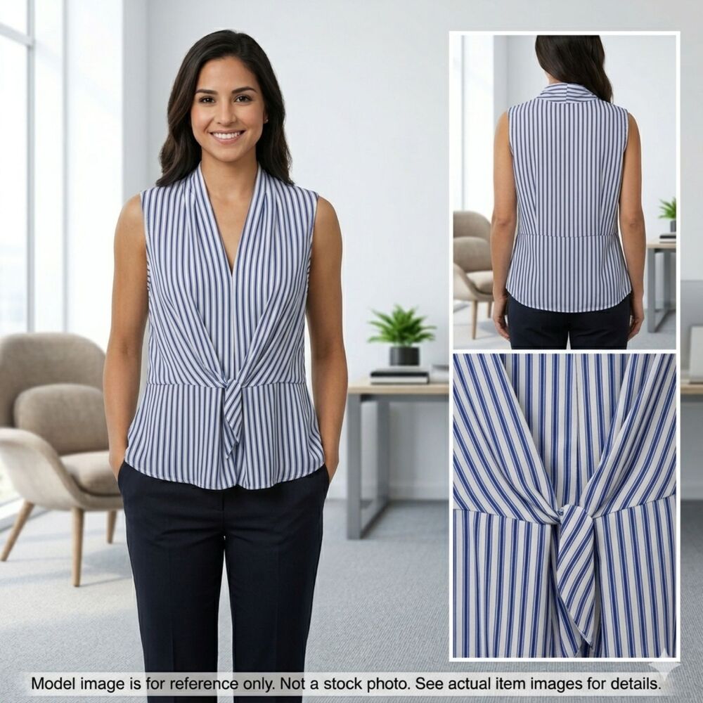 Liz Claiborne Career Blue and White‎ Striped Knot Front Top Size L